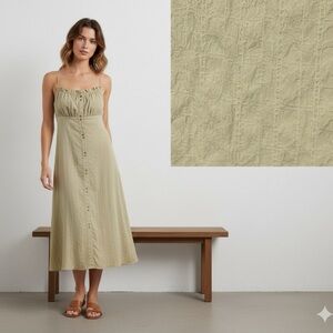OAK + FORT Tan Crinkle Textured Milk Maid Midi Dress Size M